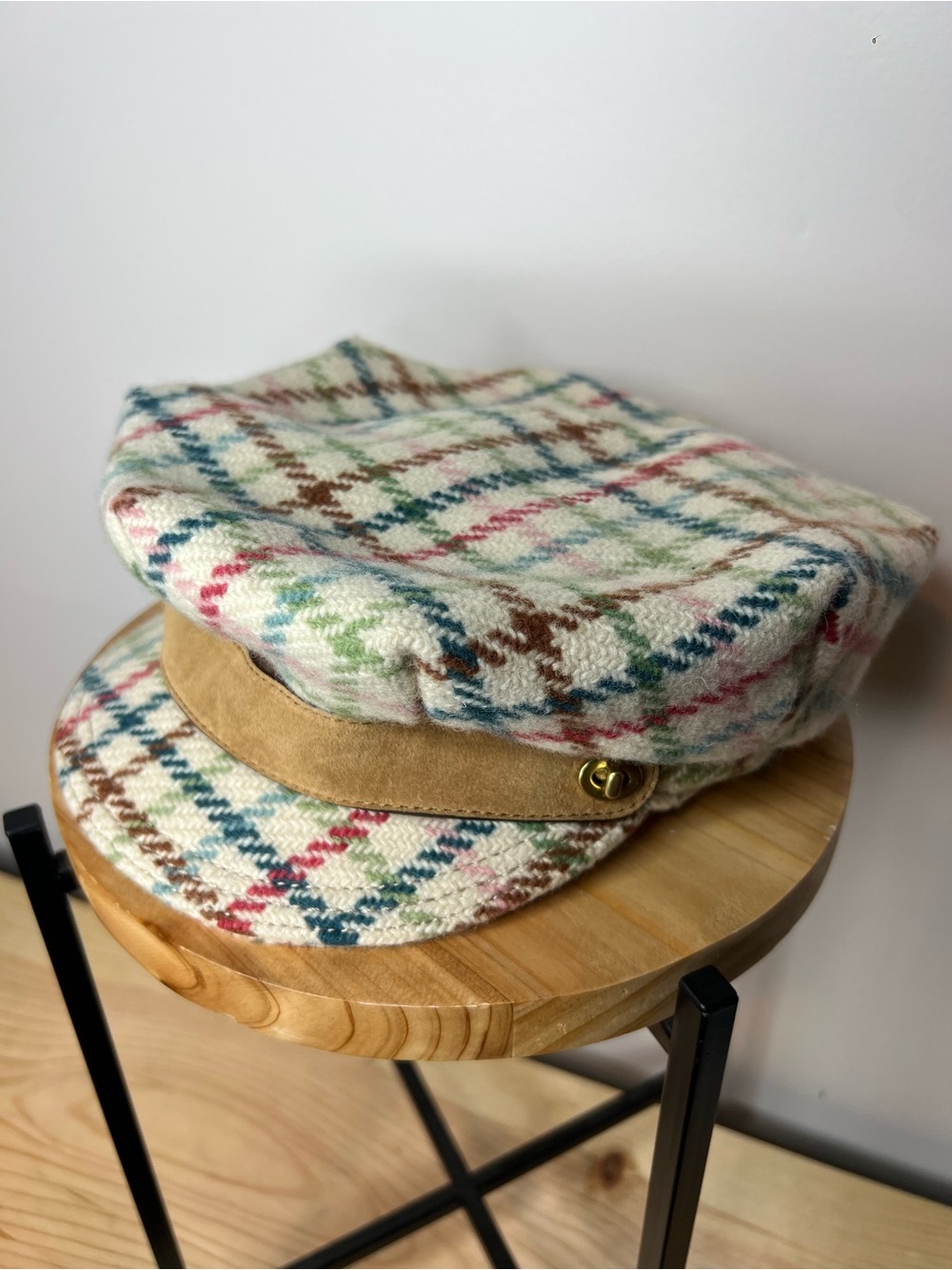 Coach Multicolor Plaid Baker Boy Cap with Tan Suede Band
